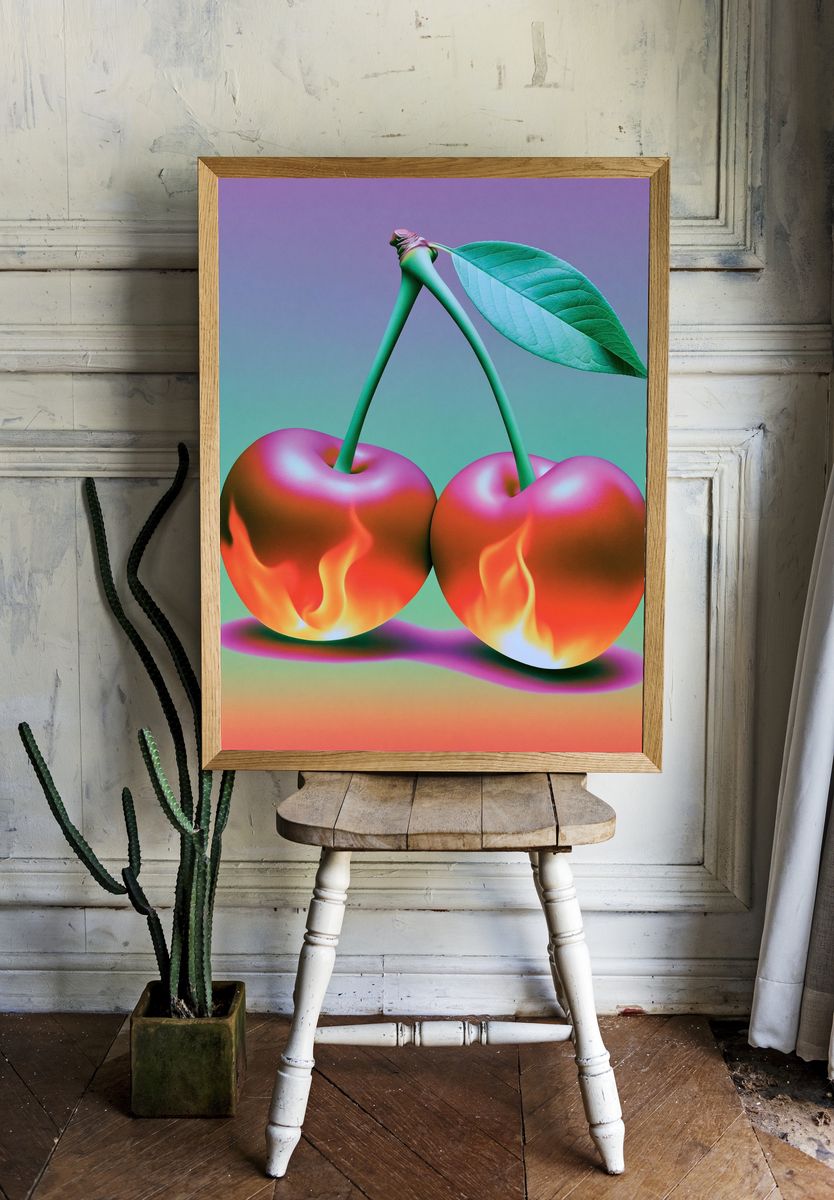 Flaming Cherries Illustration Poster. — room view 1