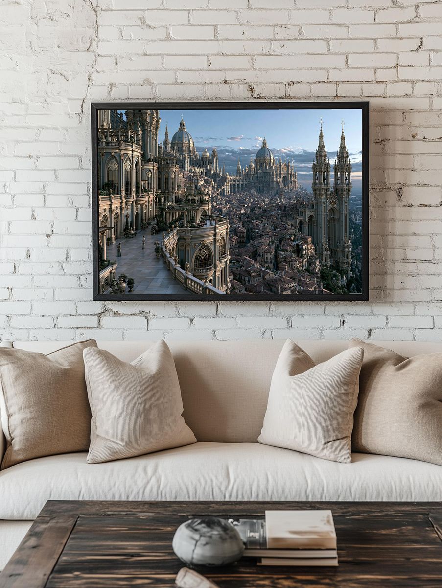 Fantastical Cathedral Cityscape Print. — room view 1