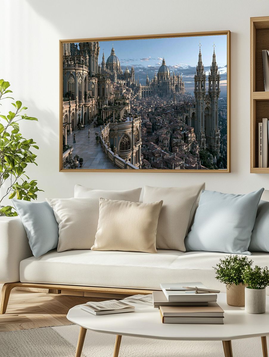 Fantastical Cathedral Cityscape Print. — room view 2