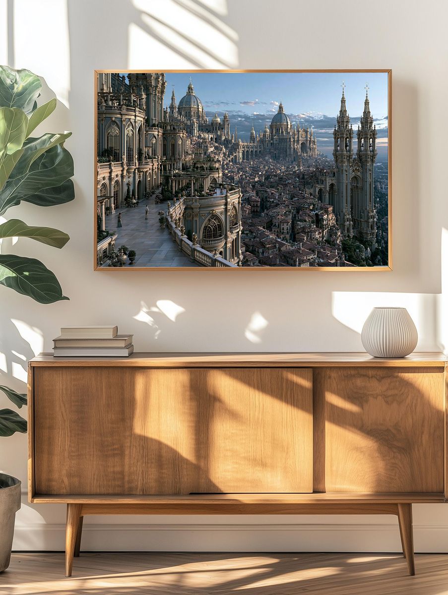 Fantastical Cathedral Cityscape Print. — room view 3