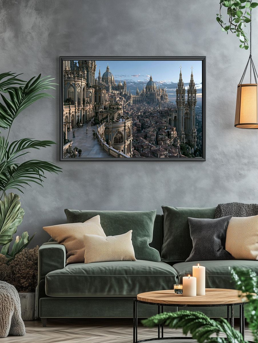 Fantastical Cathedral Cityscape Print. — room view 4