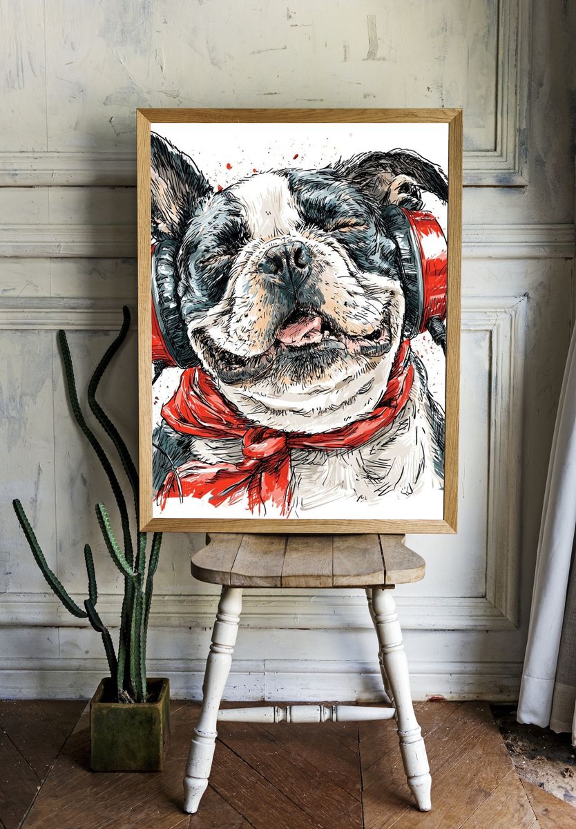 Headphone Bulldog Illustration Poster. room preview