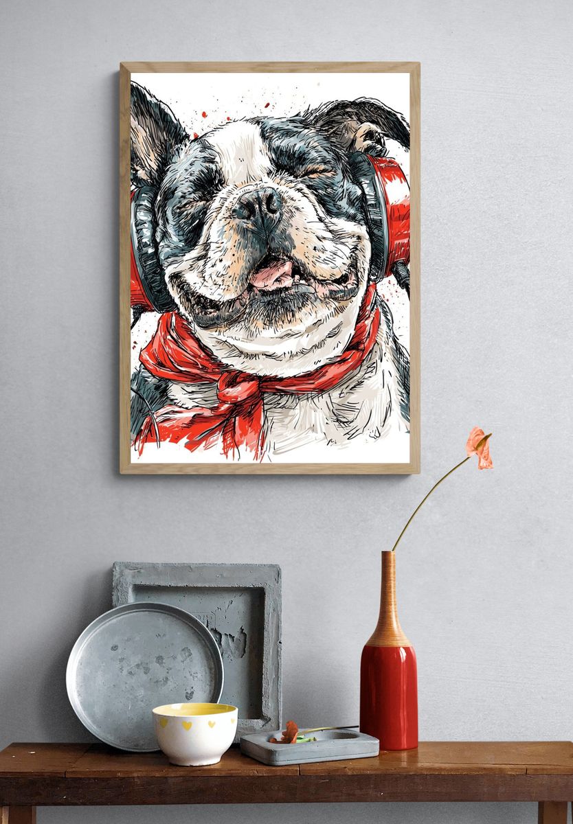 Headphone Bulldog Illustration Poster. — room view 3