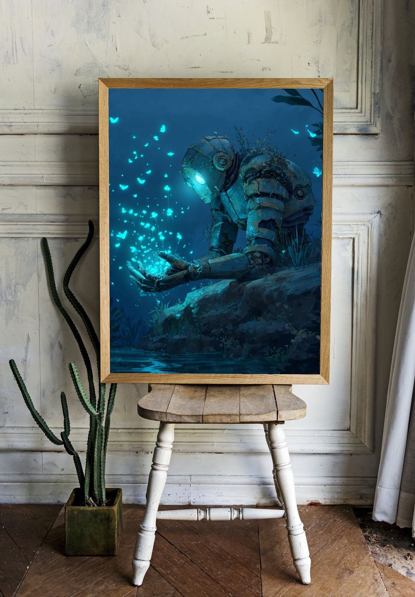 Glowing Robot in Moonlit Forest Print. room preview