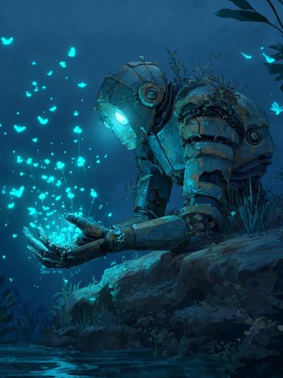 Glowing Robot in Moonlit Forest Print. poster print