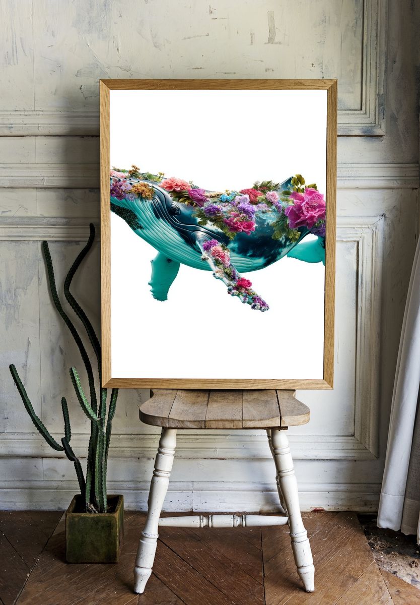 Floral Humpback Whale Illustration Poster. room preview