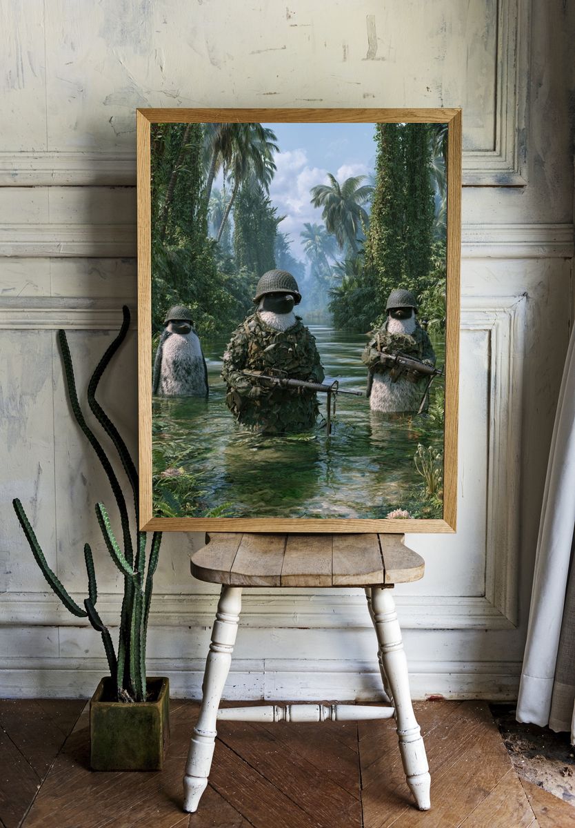 Penguin Jungle Patrol Illustration Poster. room preview