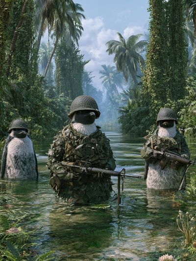 Penguin Jungle Patrol Illustration Poster.