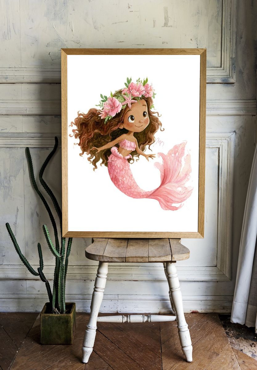 Pink Mermaid Watercolor Print. room preview