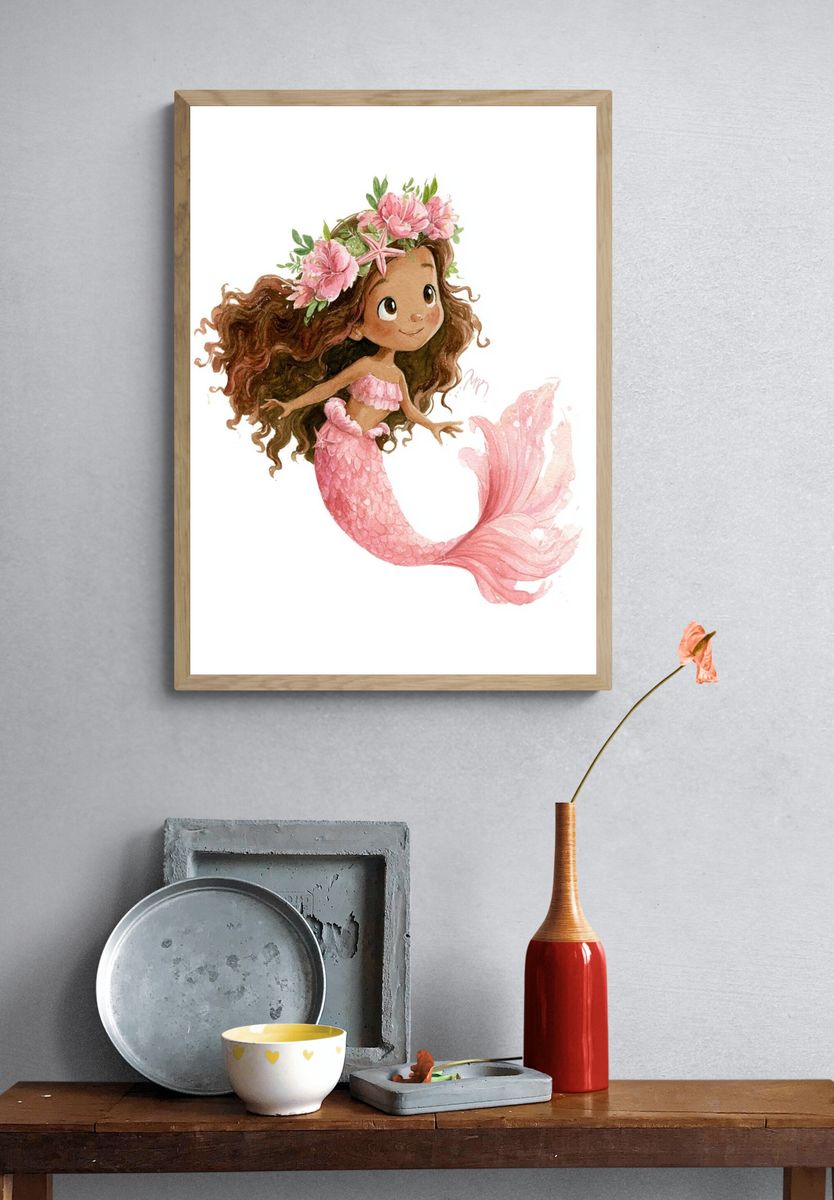 Pink Mermaid Watercolor Print. — room view 3