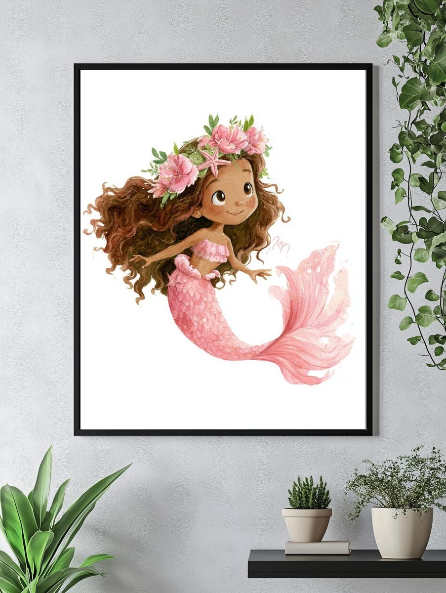 Pink Mermaid Watercolor Print. — room view 4