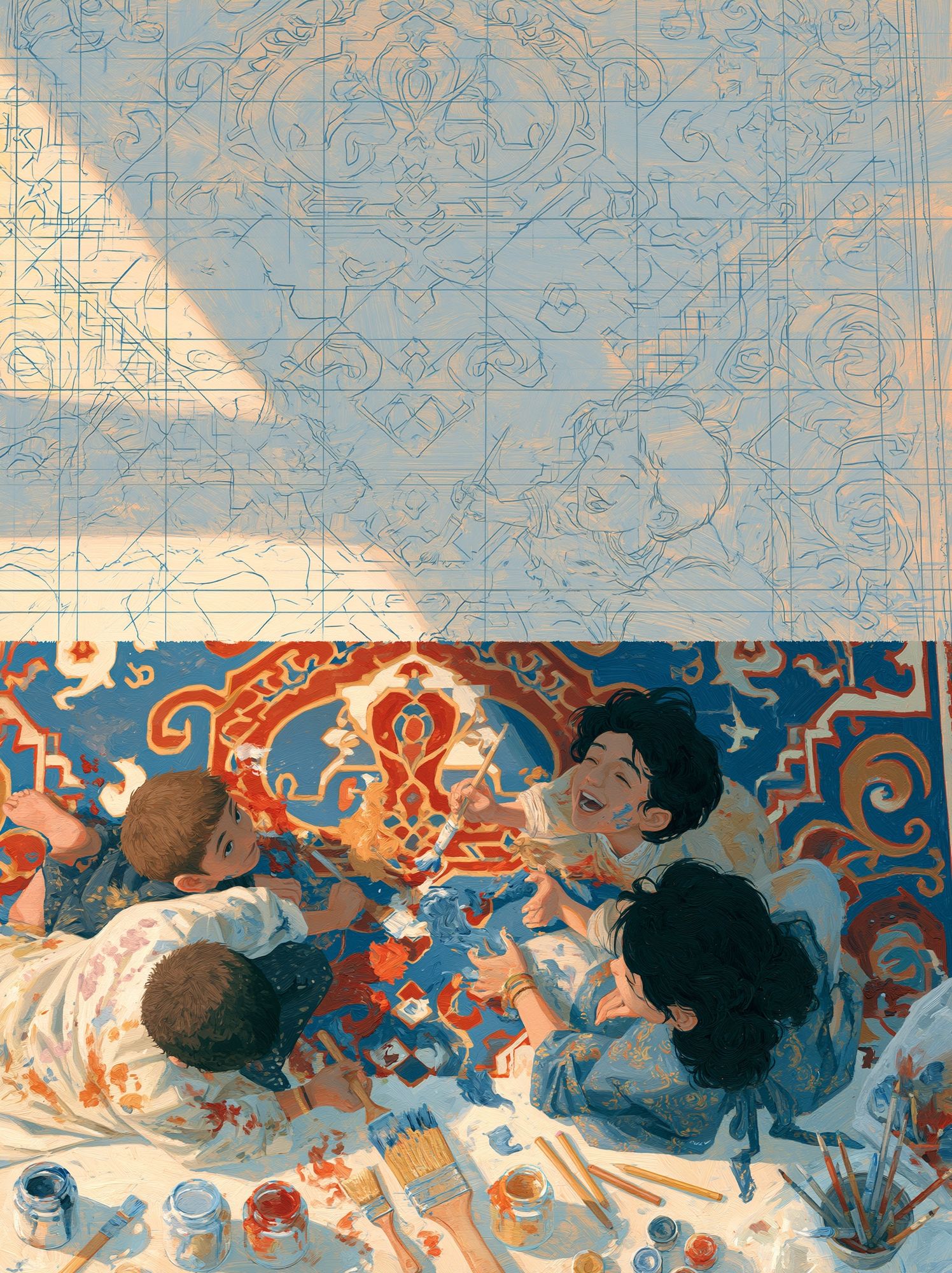 Children Painting Together Illustration Poster. poster detail