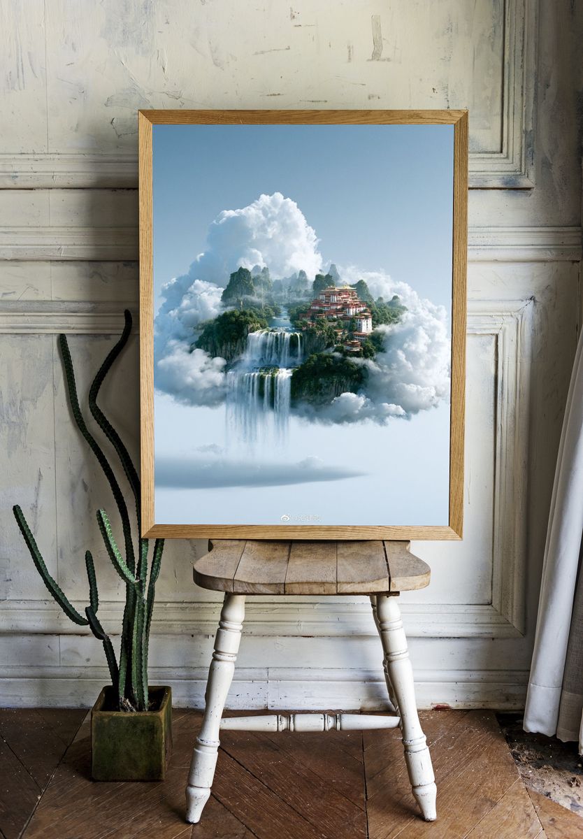 Cloud Temple Waterfall Fantasy Print. room preview