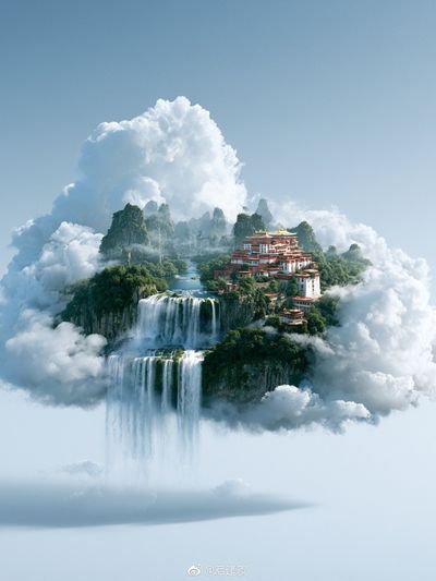 Cloud Temple Waterfall Fantasy Print.