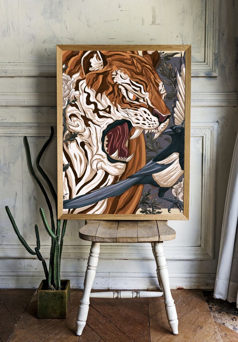 Tiger and Magpie Illustration Poster. — room view 1