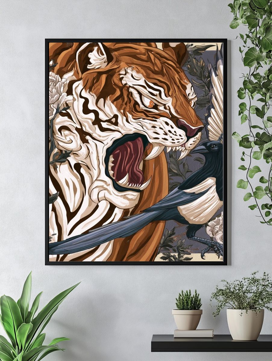 Tiger and Magpie Illustration Poster. — room view 4