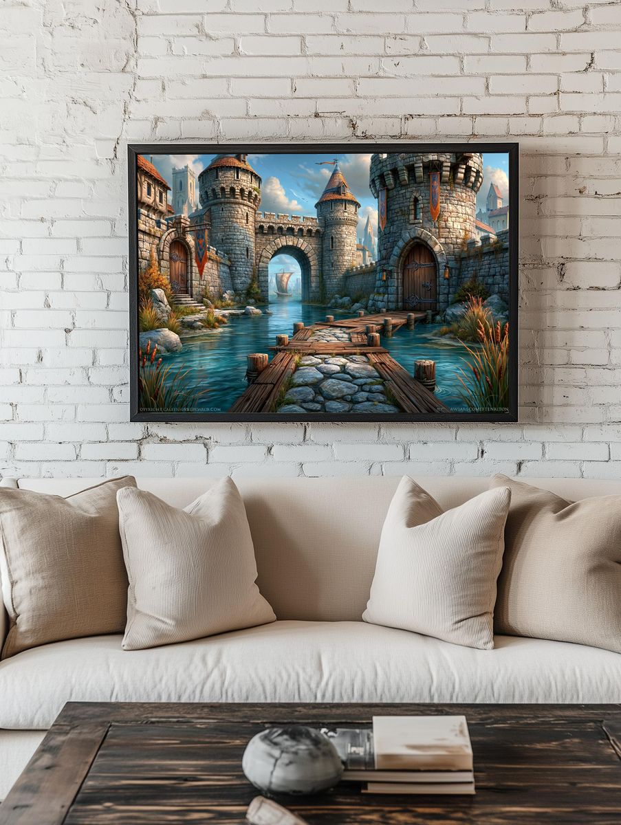 Fantasy Castle Harbor Illustration Poster. — room view 1