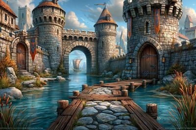 Fantasy Castle Harbor Illustration Poster.