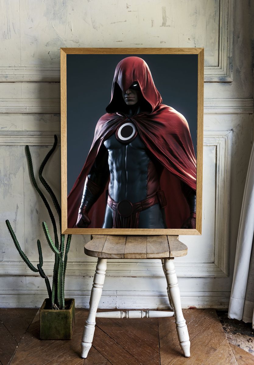 Red Hooded Superhero Portrait Print. — room view 1