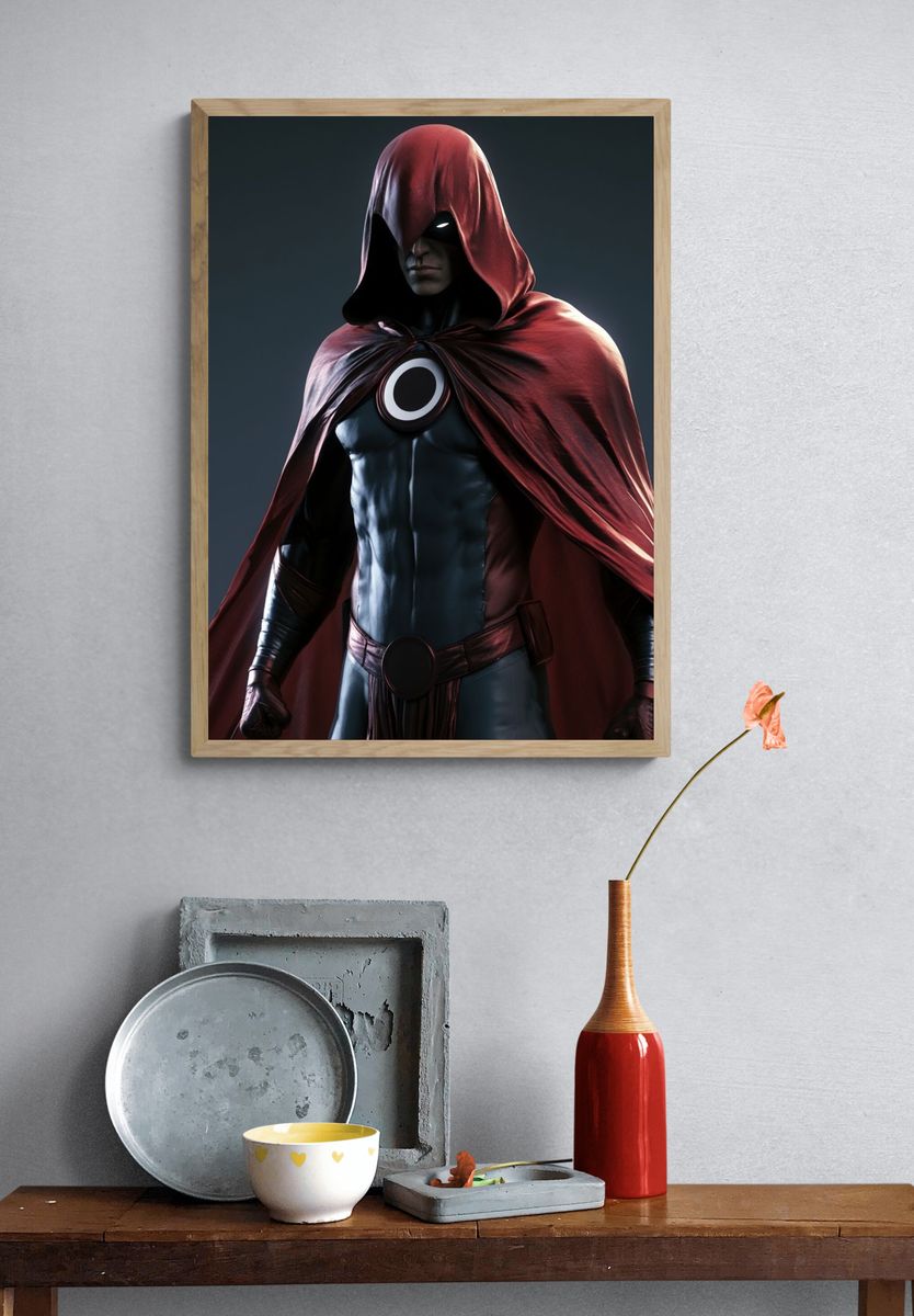 Red Hooded Superhero Portrait Print. — room view 3