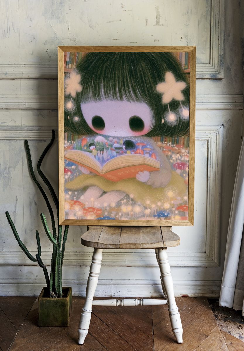 Dreamy Bookworm Girl Illustration Poster. — room view 1