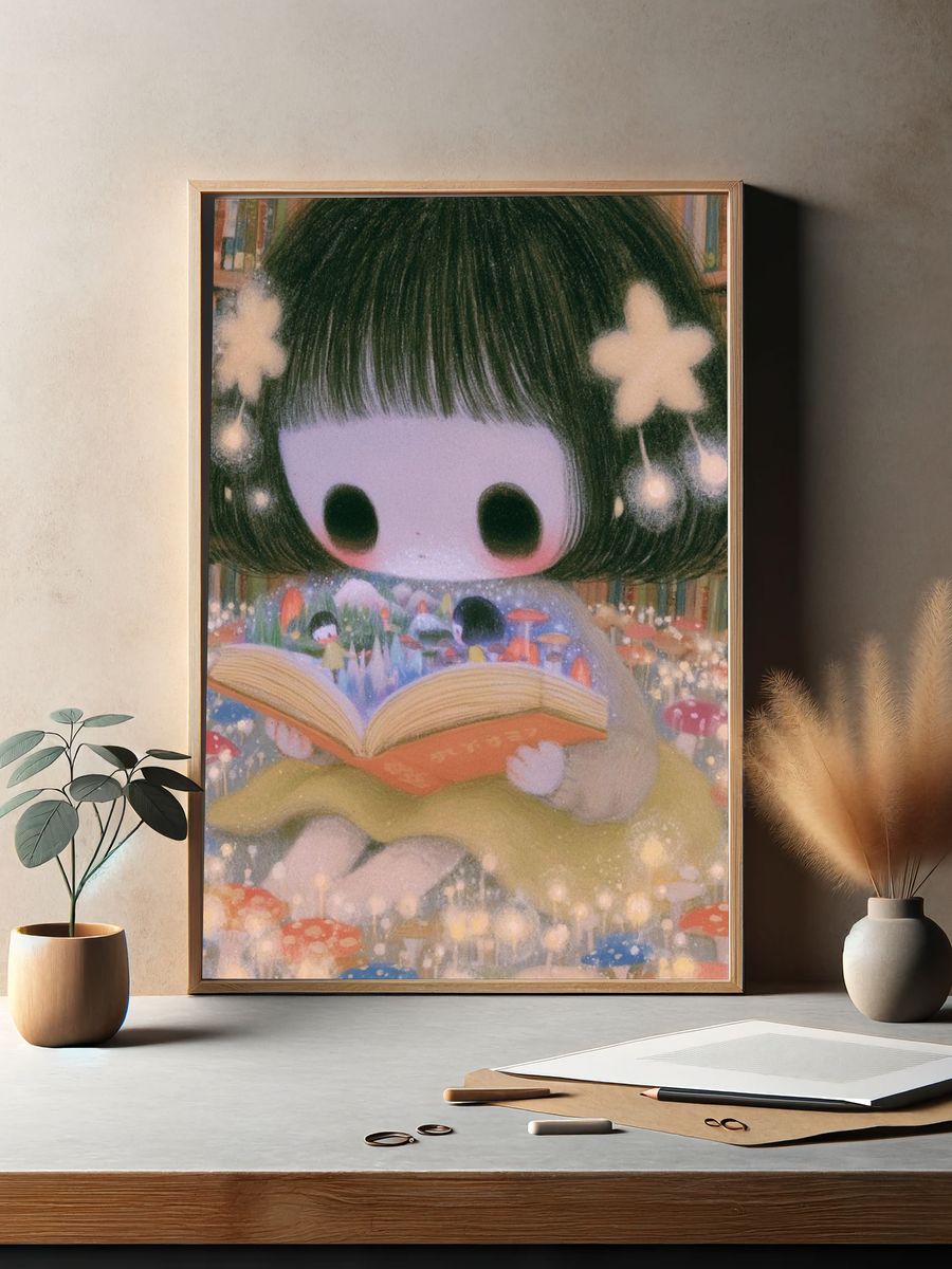 Dreamy Bookworm Girl Illustration Poster. — room view 2