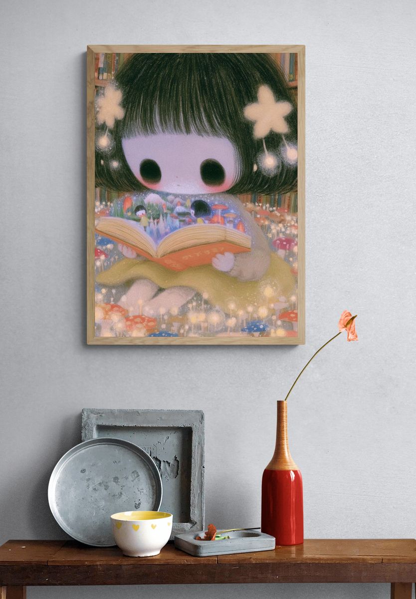 Dreamy Bookworm Girl Illustration Poster. — room view 3