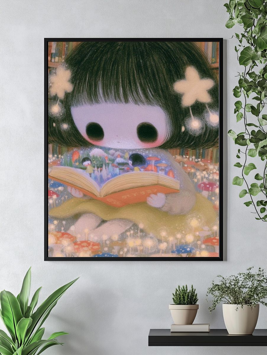Dreamy Bookworm Girl Illustration Poster. — room view 4