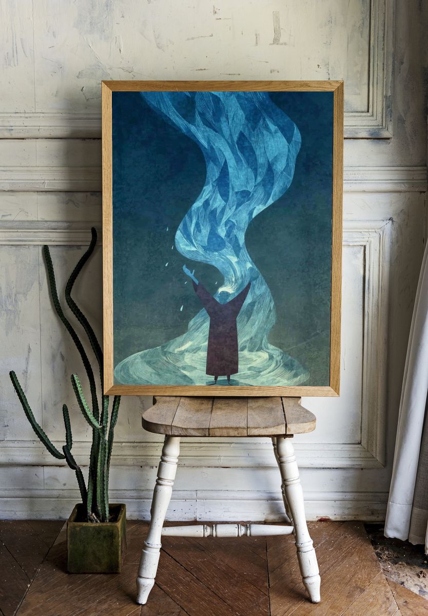 Mystic Figure and Flowing Light Print. room preview