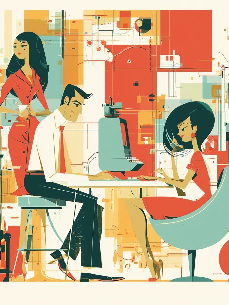 Retro Office Scene Illustration Poster. poster — illustration art