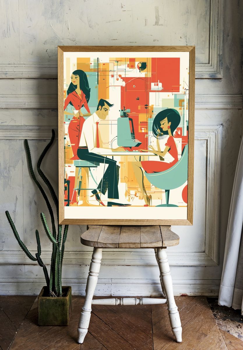 Retro Office Scene Illustration Poster. room preview