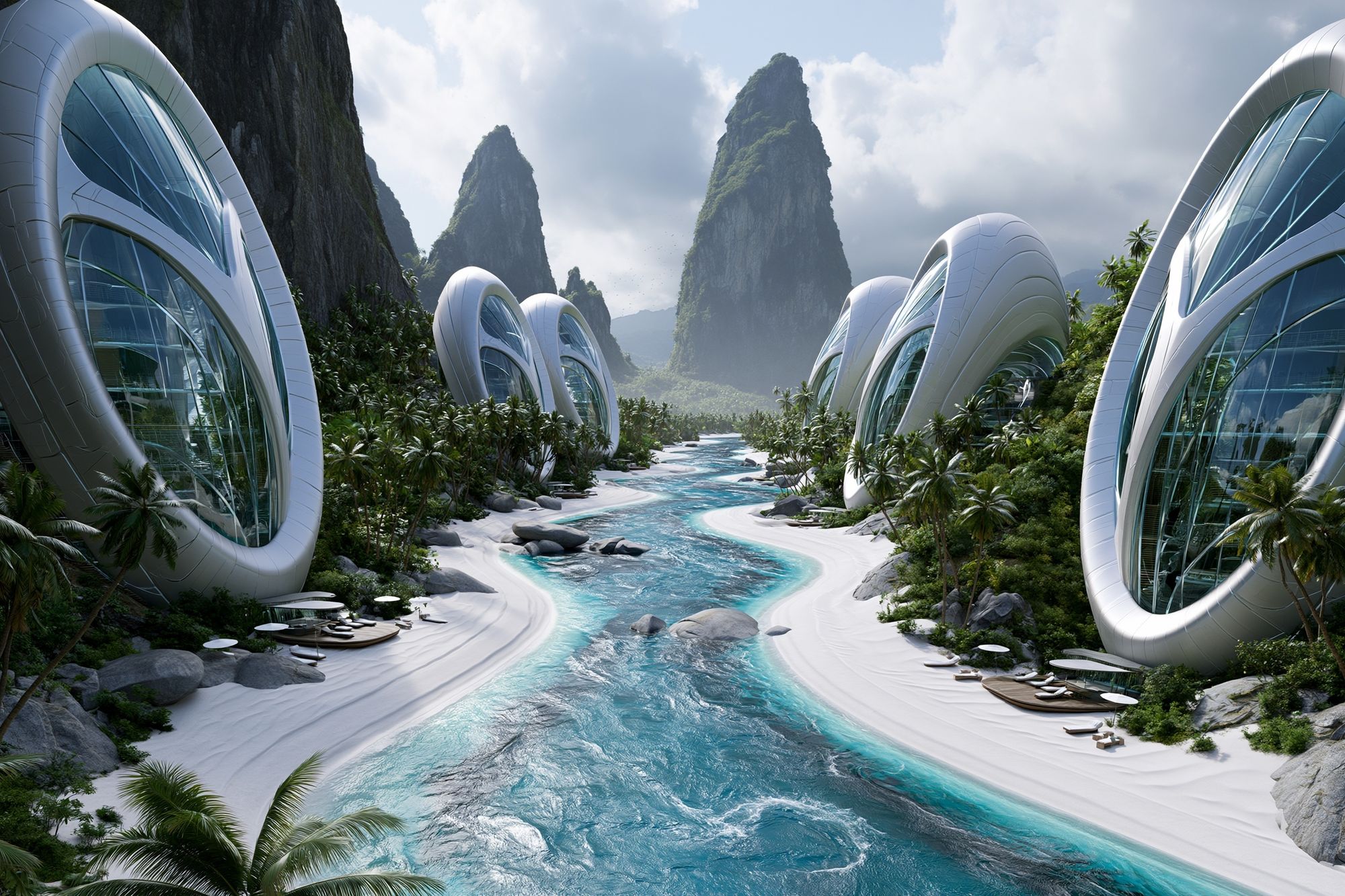Futuristic Tropical Resort Landscape Poster. poster — illustration art
