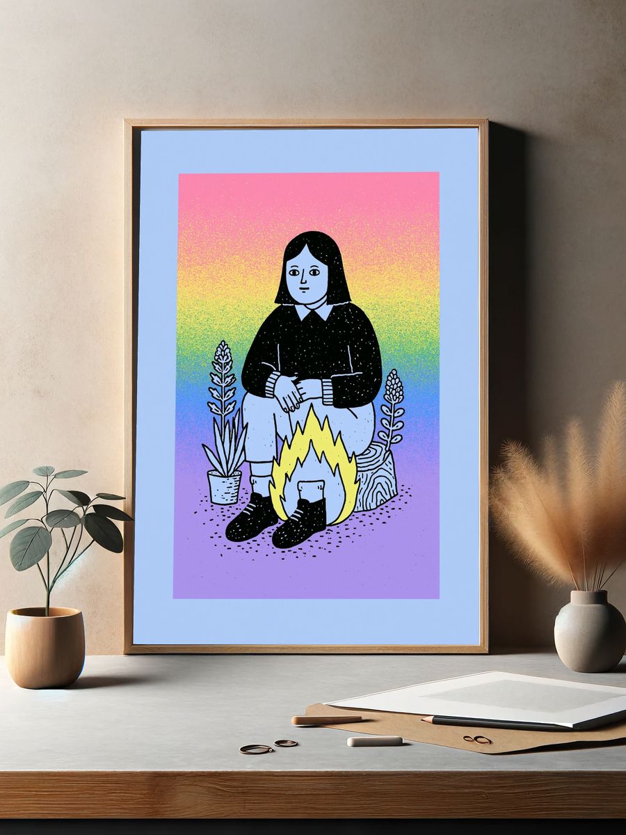 Girl by Campfire Illustration Poster. — room view 2