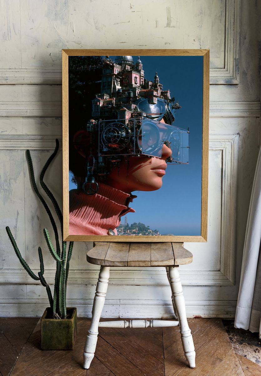 Futuristic City Portrait Print. room preview