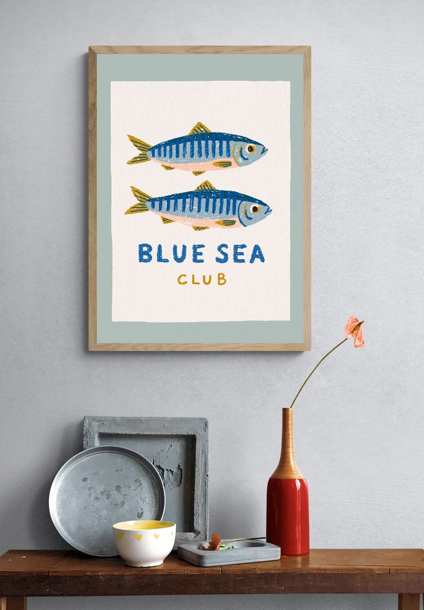 Blue Sea Club Fish Illustration Poster. — room view 3