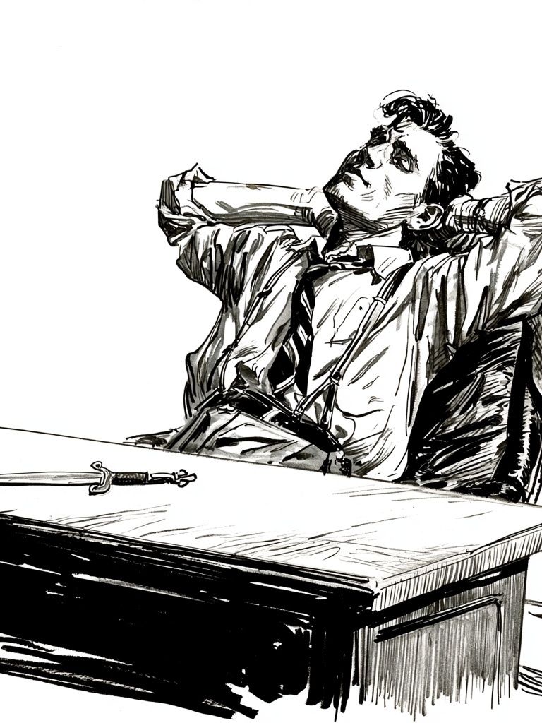 Dramatic Man at Desk Ink Poster. poster — illustration art