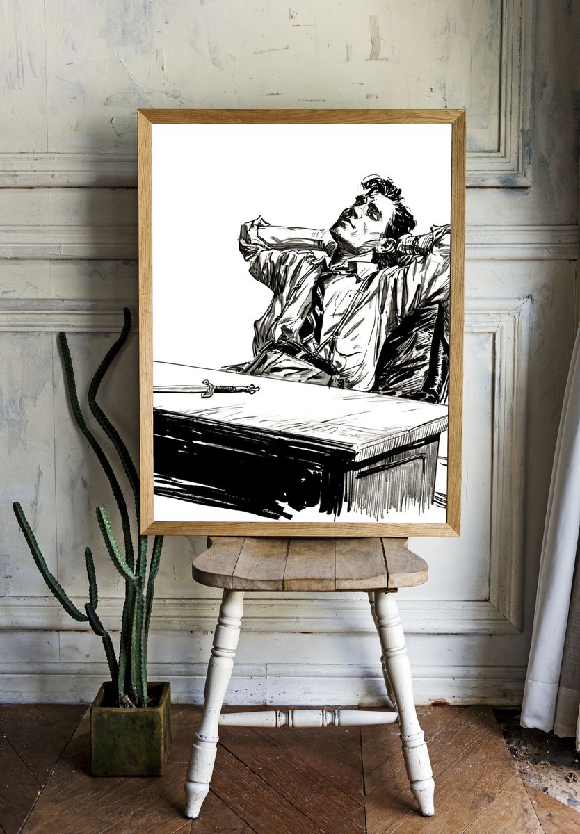 Dramatic Man at Desk Ink Poster. — room view 1