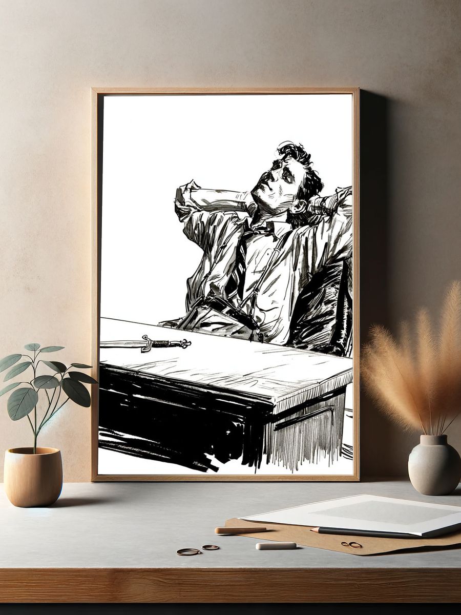 Dramatic Man at Desk Ink Poster. — room view 2