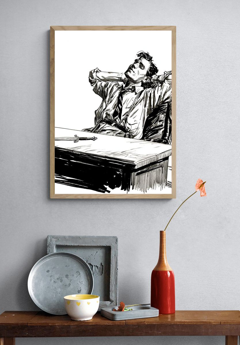 Dramatic Man at Desk Ink Poster. — room view 3