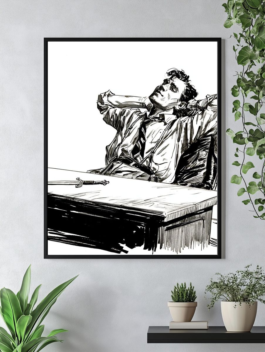 Dramatic Man at Desk Ink Poster. — room view 4