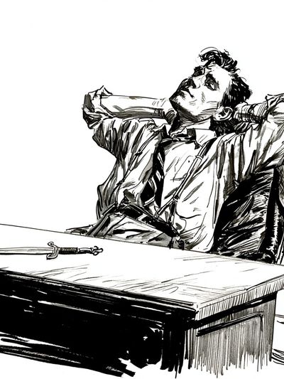 Dramatic Man at Desk Ink Poster. poster