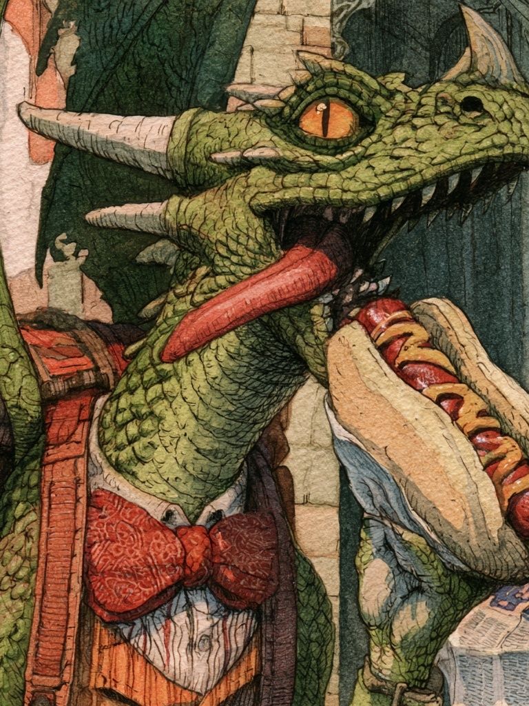 Dragon with Hot Dog Illustration Poster. poster — illustration art