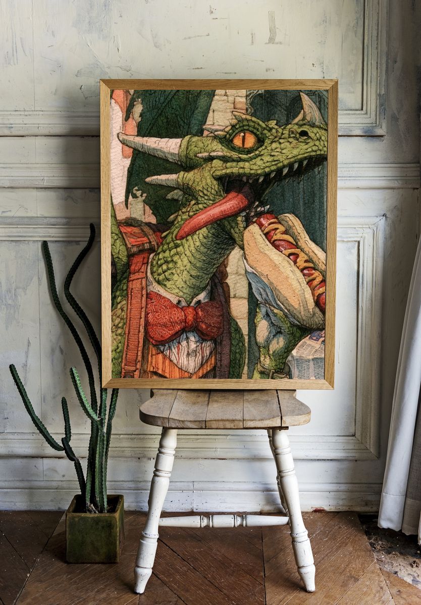 Dragon with Hot Dog Illustration Poster. — room view 1