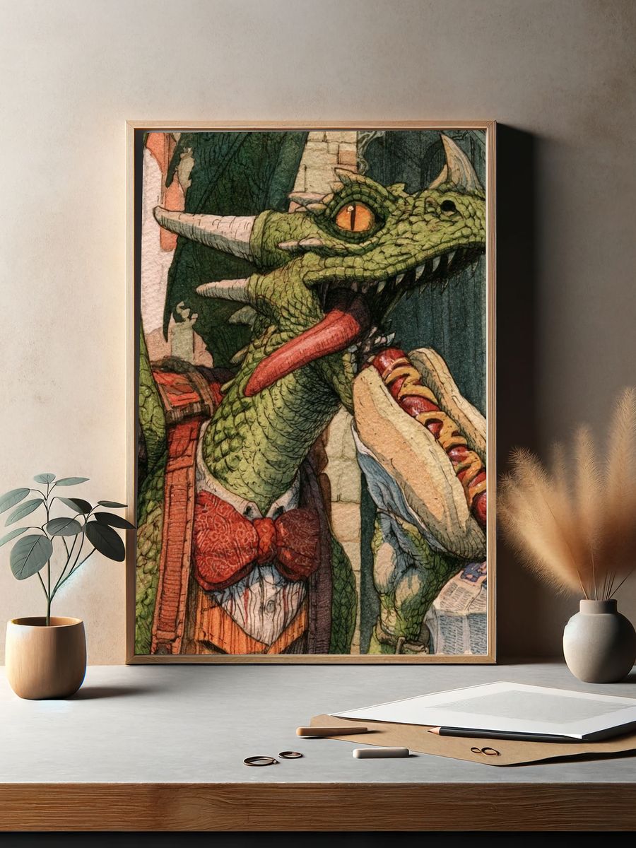 Dragon with Hot Dog Illustration Poster. — room view 2