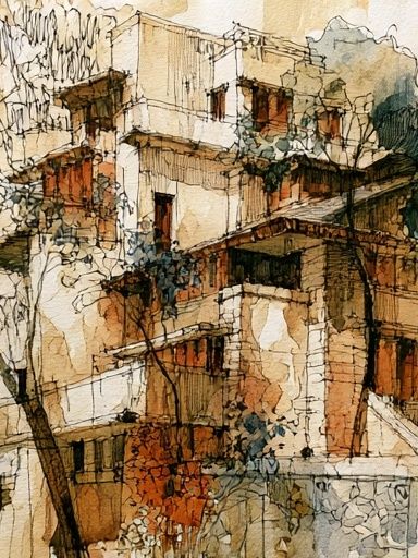 Mediterranean Hillside Village Watercolor Poster. poster detail