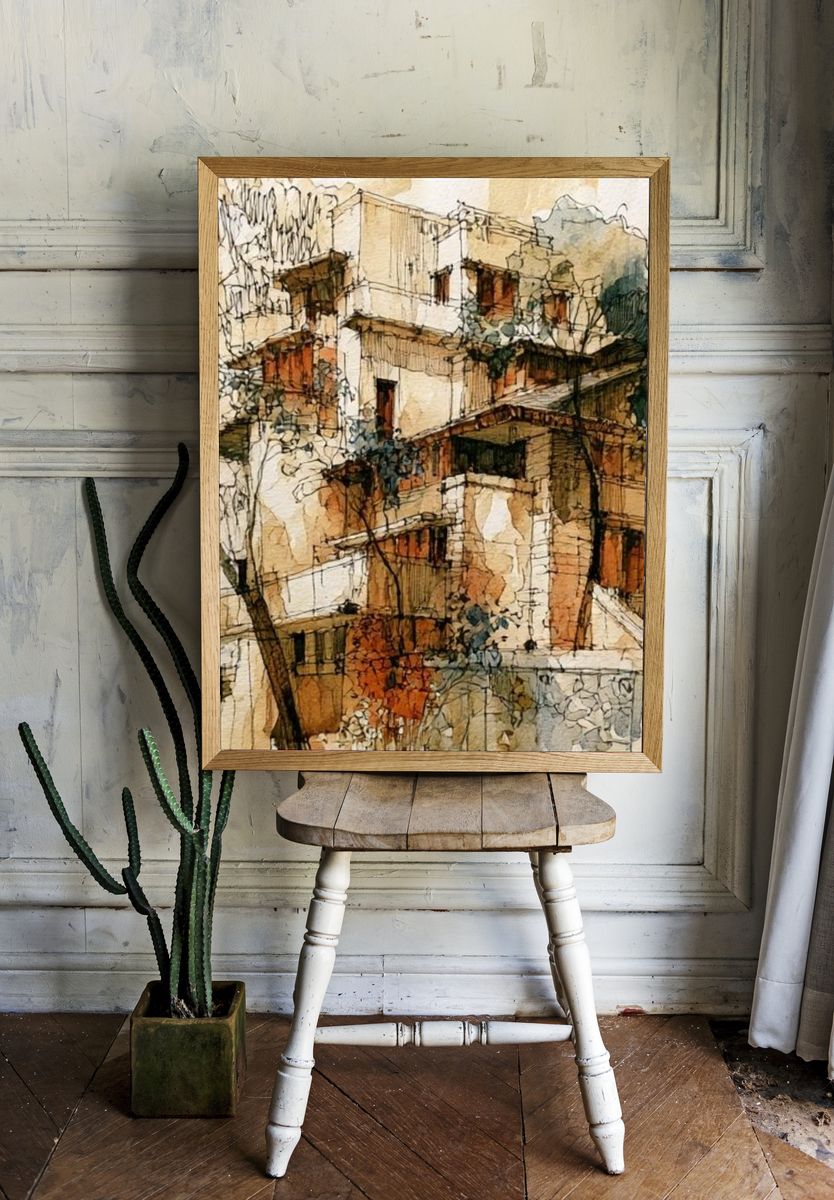 Mediterranean Hillside Village Watercolor Poster. — room view 1