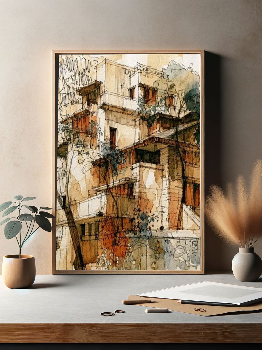 Mediterranean Hillside Village Watercolor Poster. — room view 2