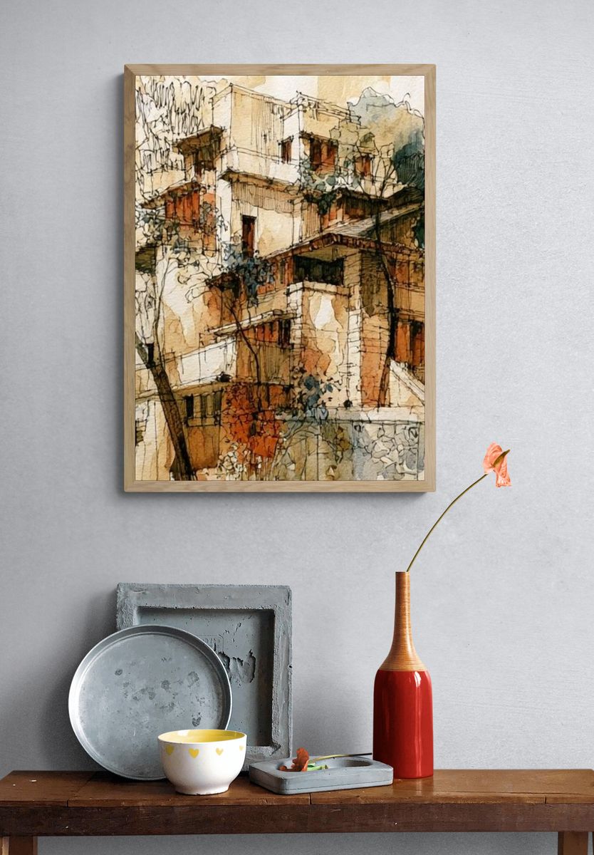 Mediterranean Hillside Village Watercolor Poster. — room view 3