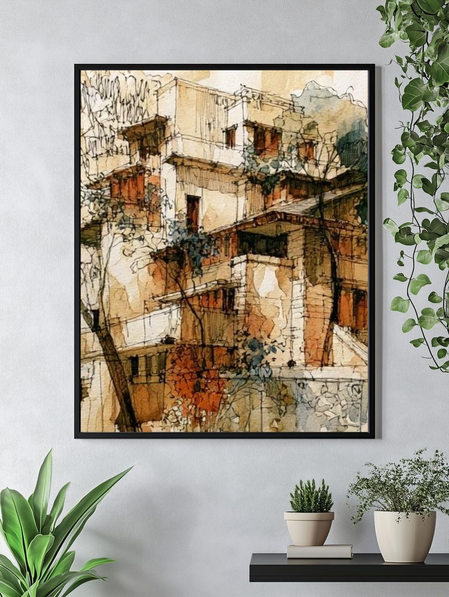 Mediterranean Hillside Village Watercolor Poster. — room view 4