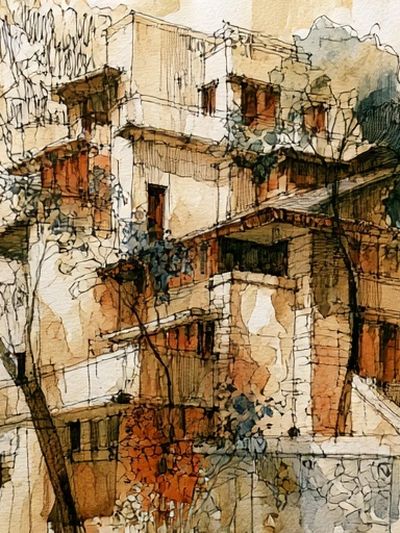 Mediterranean Hillside Village Watercolor Poster. poster print